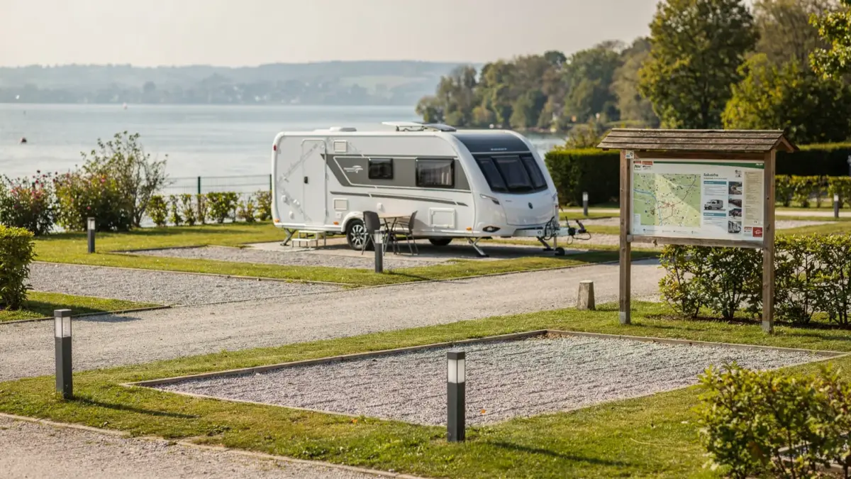 Dauercamping am Bodensee mit parzelliertem Stellplatz, Wohnwagen und Infotafel auf einem gepflegten Campingplatz