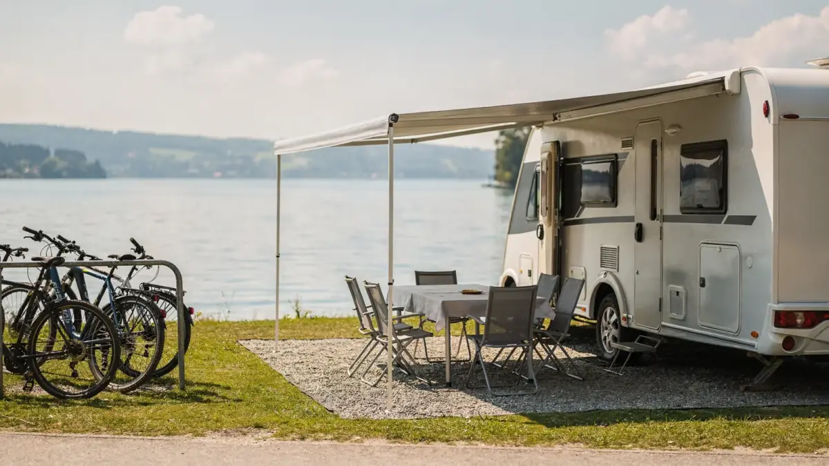 Langzeitcamping am Bodensee mit Wohnwagen, Vorzelt und Campingausstattung auf einem gepflegten Stellplatz.