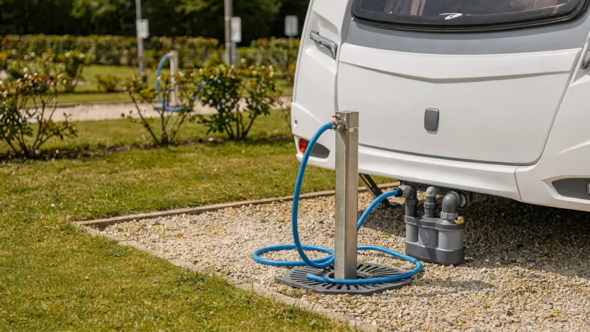 Wasseranschluss und Abwasseranschluss am Dauercamping-Stellplatz mit Wohnwagen