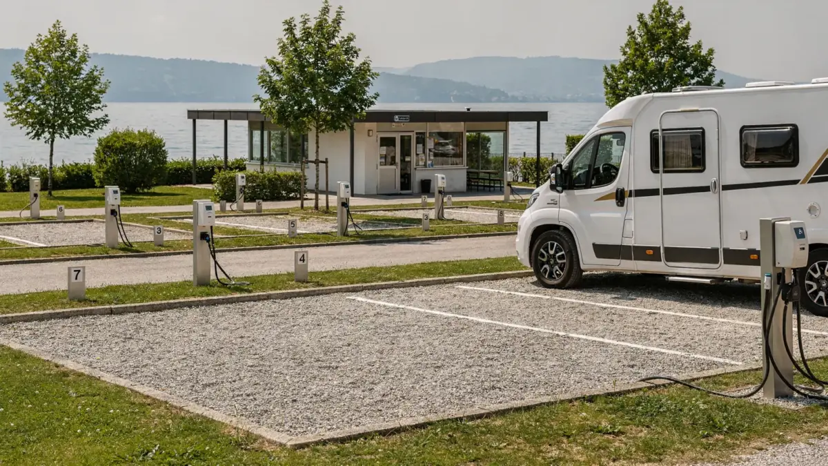 Campingplatz am Bodensee mit Zeltplatz, Wohnmobil und Stromsäule als Thema der Kosten