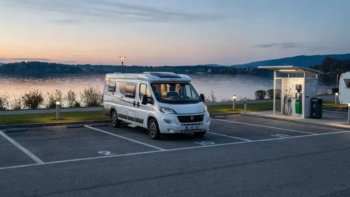Stellplatz am Bodensee mit markierten Camper-Plätzen und Wohnmobil neben dem See