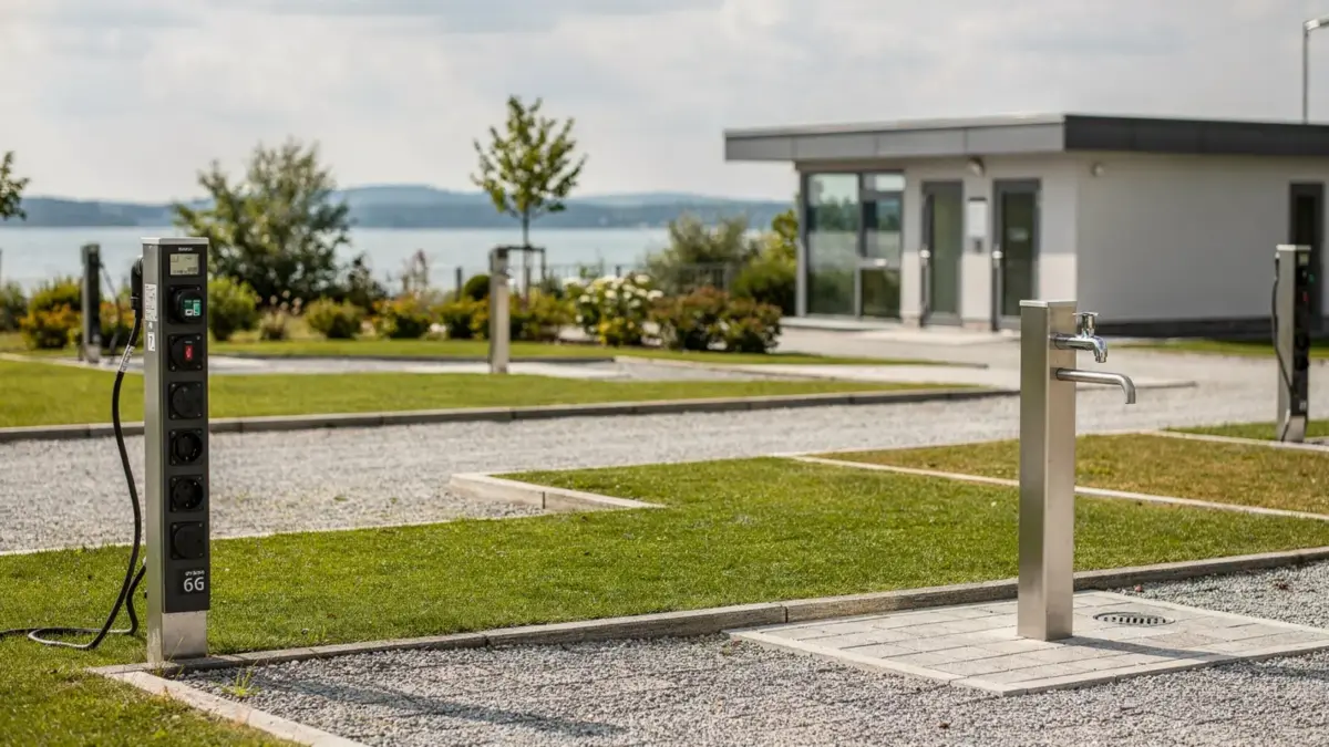 Camping am Bodensee mit Stromanschluss, Wasserzapfstelle und Sanitärgebäude auf einem gepflegten Platz