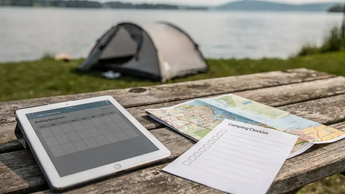 Camping-Reservierung am Bodensee mit Kalender, Karte und Zelt auf einem ruhigen Campingplatz.