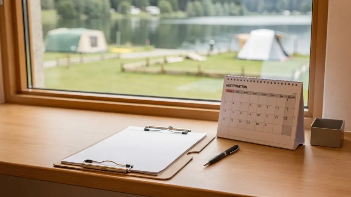Campingplatz-Rezeption mit Reservierungsunterlagen am Bodensee zum Thema Stornierung und Fristen