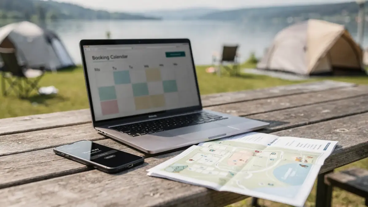 Laptop und Smartphone zur Buchung eines Campingplatzes am Bodensee mit Kalender und Kartenmaterial