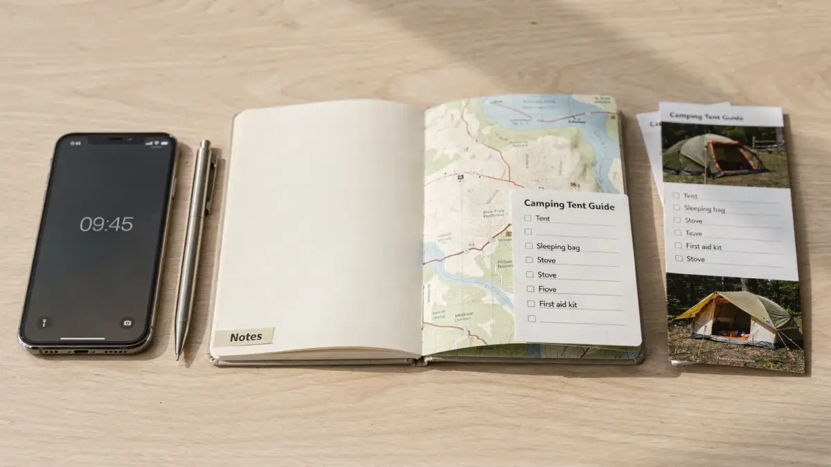 Campingplatz-Buchung mit Notizbuch, Smartphone und Checkliste für die benötigten Angaben