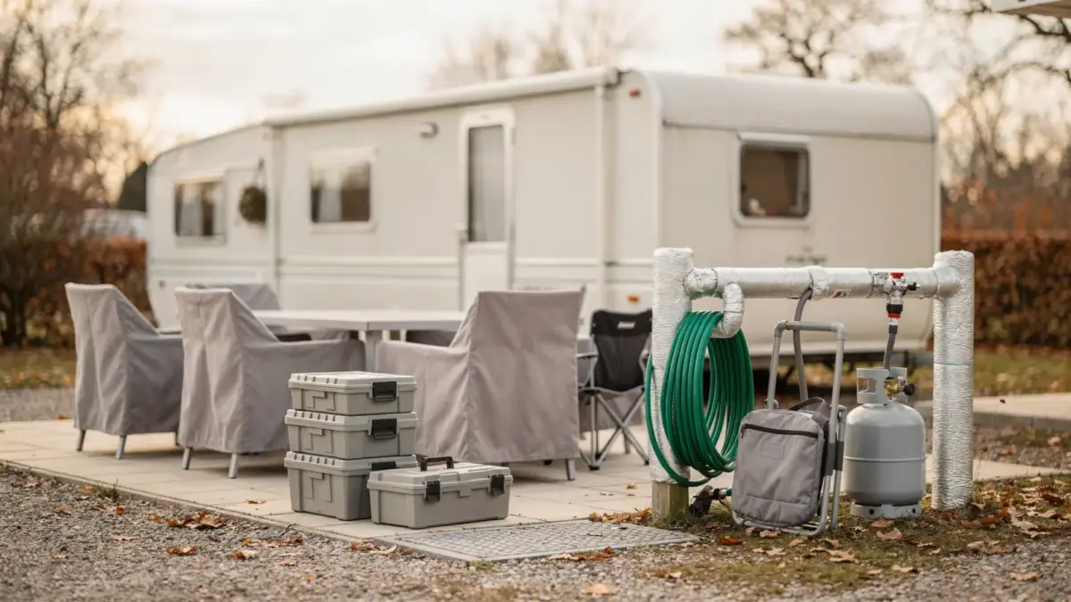 Wintervorbereitung beim Dauercamping: gepflegter Stellplatz mit Wohnwagen, abgedeckten Möbeln und gesicherten Anschlüssen