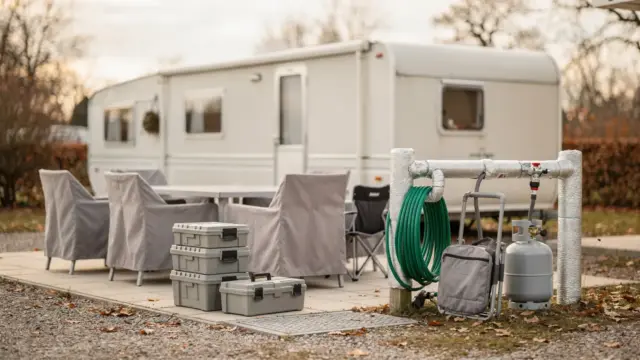 Wintervorbereitung beim Dauercamping: gepflegter Stellplatz mit Wohnwagen, abgedeckten Möbeln und gesicherten Anschlüssen