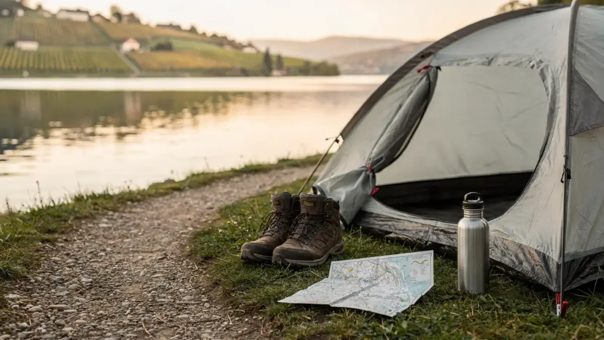 Bodensee-Wandern beim Camping: Zelt, Wanderschuhe und Seeufer mit Wanderweg