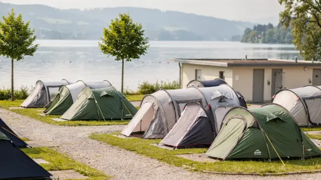 Zelt-Campingplatz am Bodensee mit Zelten, Stellplätzen und Sanitärgebäude