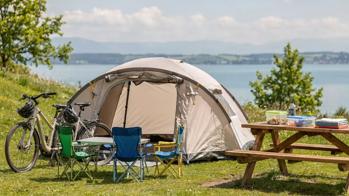 Familienfreundlicher Campingplatz am Bodensee mit Zelt, Picknicktisch und Fahrrädern