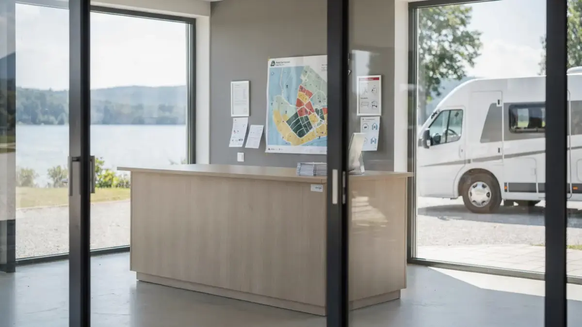 Check-in am Campingplatz am Bodensee mit Rezeption, Campingkarte und Wohnmobil