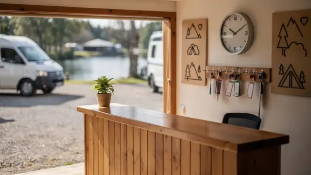 Camping am Bodensee: Rezeption mit Uhr und Check-in-Bereich zu Anreisezeiten