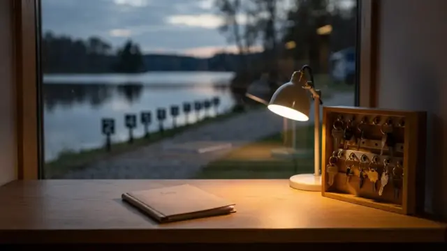 Campingplatz-Rezeption am Bodensee mit Schlüsselbox und Stellplatzmarkierungen für spätes Anreisen
