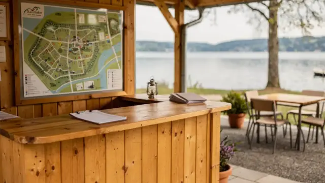 Campingplatz am Bodensee buchen: Rezeption mit Reservierung und Lageplan am See