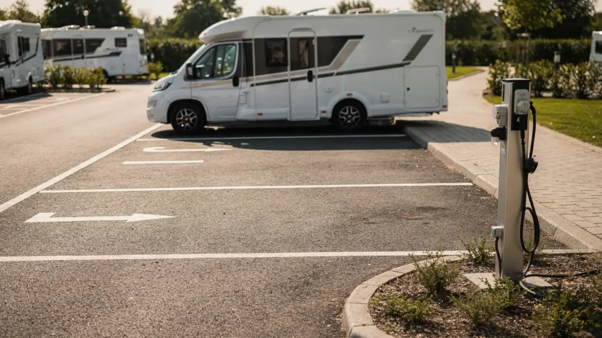 Wohnmobil auf markiertem Stellplatz mit ausreichend Platz – Thema: Wie groß sollte ein Wohnmobil-Stellplatz sein?