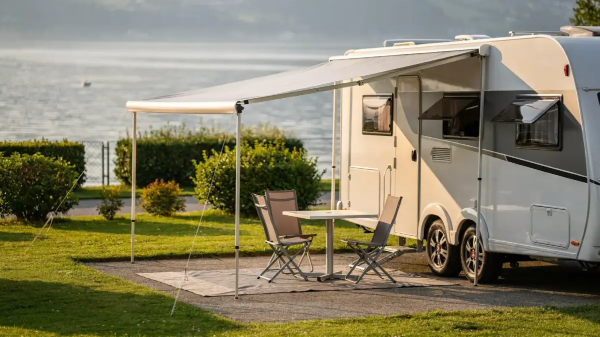 Wohnwagen mit Vorzelt auf dem Campingplatz am Bodensee auf einem gepflegten Stellplatz