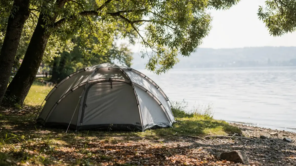 Zelt im Schatten am Bodensee zwischen Bäumen am Ufer