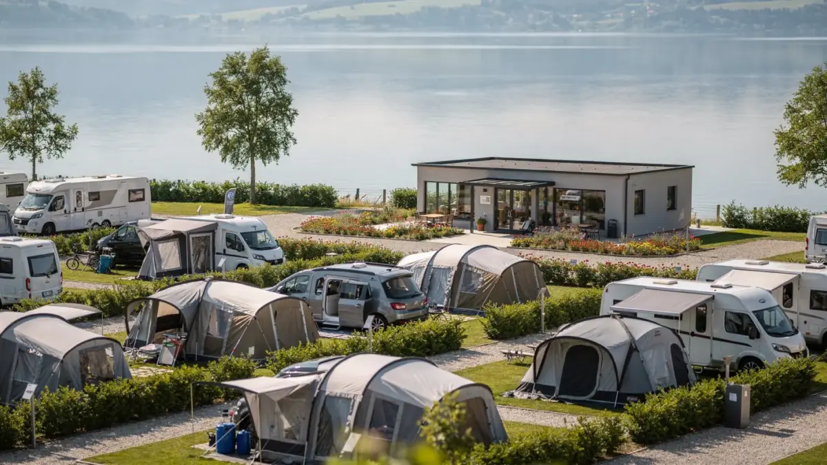 Campingplatz am Bodensee mit Zelten, Wohnmobilen und Seeblick für den Vergleich von Lage und Ausstattung