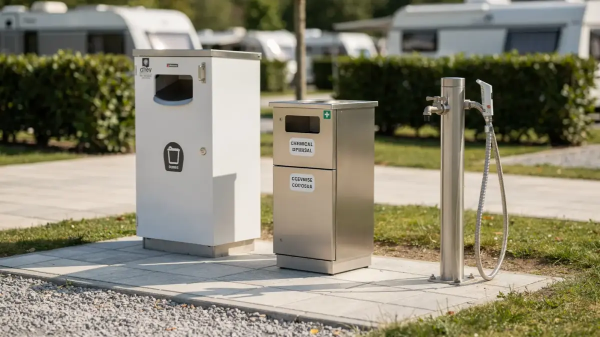 Chemietoilette-Entsorgungsstation auf dem Campingplatz mit Sanitärbereich und Wasserschlauch