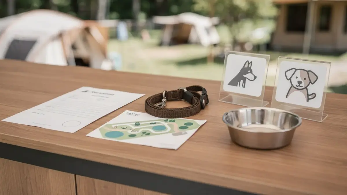 Anmeldebereich am Campingplatz mit Formular, Karte und Hundezubehör zu Hund-Buchungsregeln beim Camping