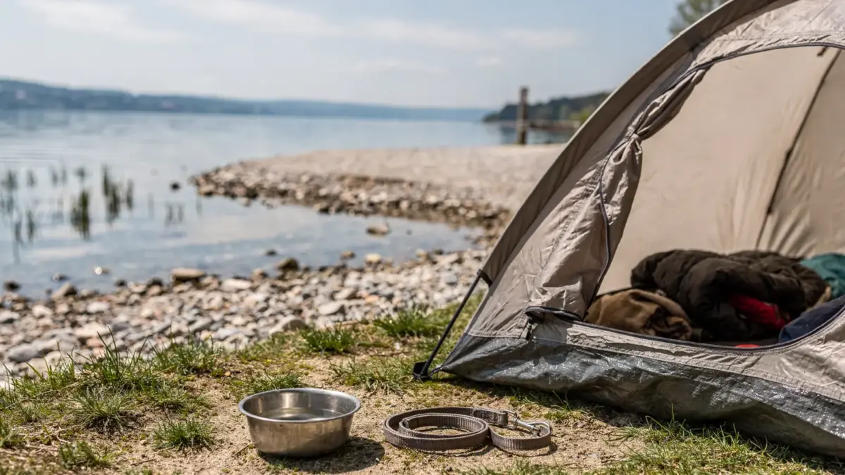 Hundestrand am Bodensee mit Campingausrüstung und Ufer im Hintergrund