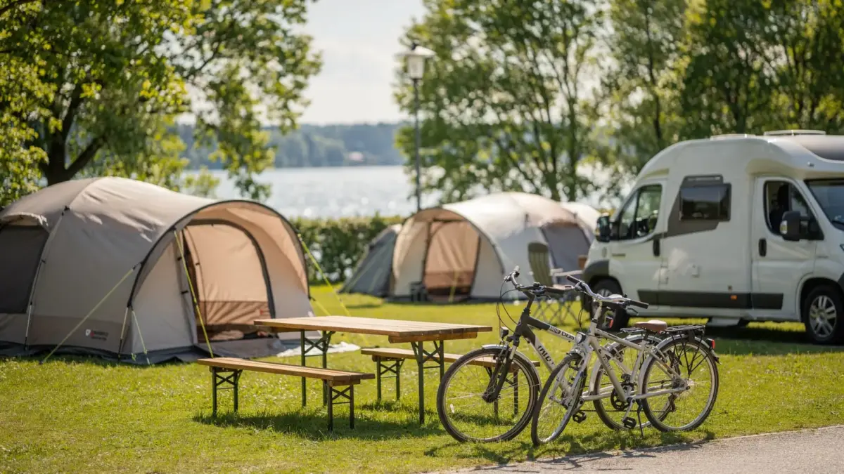 Familiencamping am Bodensee mit Zelten, Wohnmobil und Fahrrädern in Seenähe nahe Freizeitparks