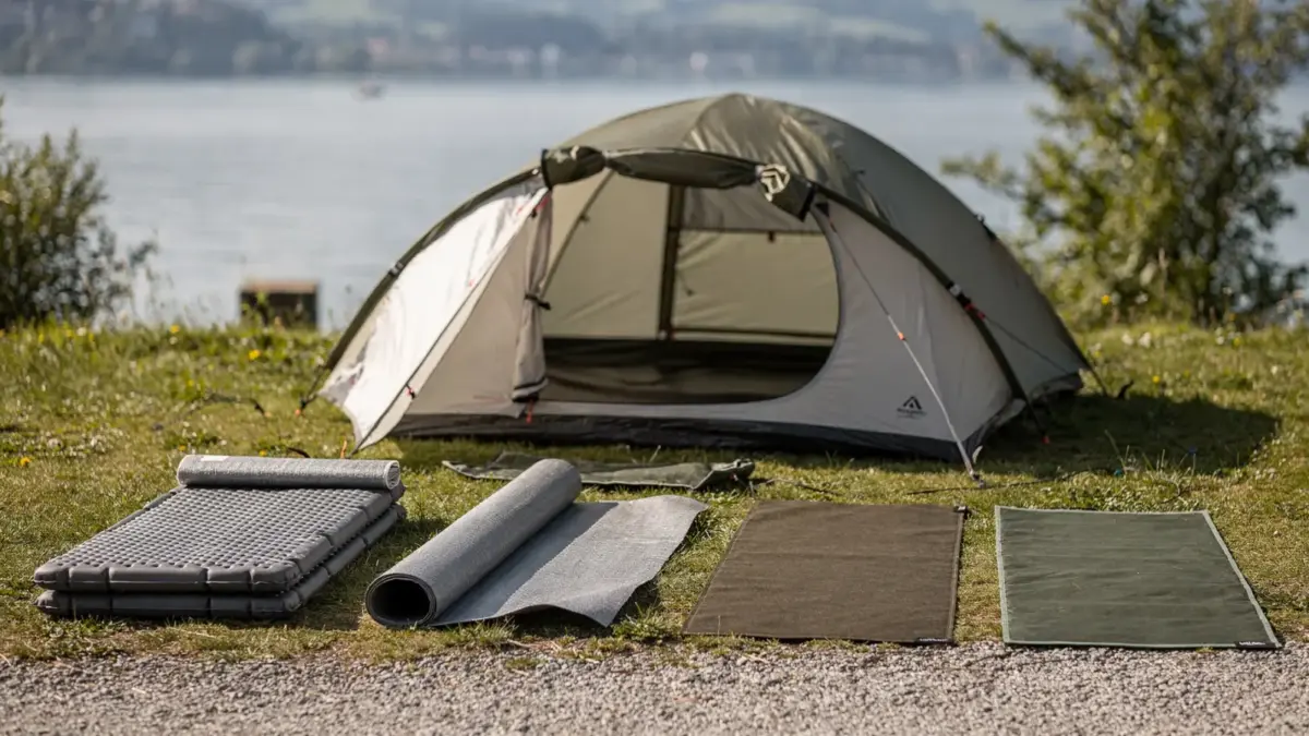 Zelt mit Bodenunterlagen am Bodensee auf einem Campingplatz