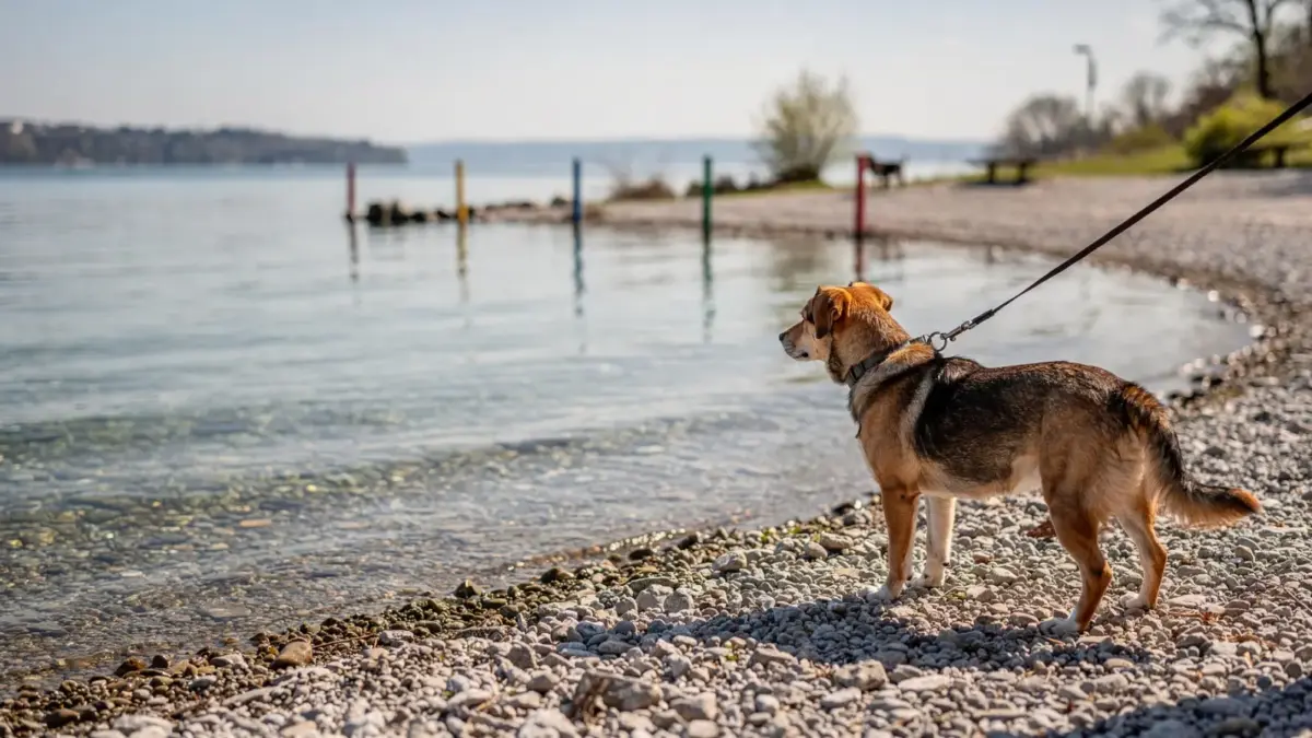 Hund am Bodensee an einem Hundestrand mit Seeufer und Baderegeln