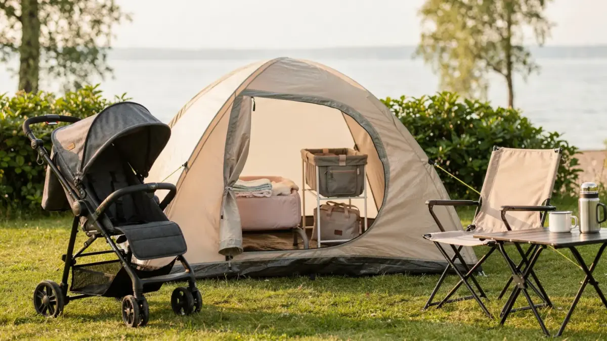 Camping am Bodensee mit Baby: Zeltplatz mit Kinderwagen und Baby-Ausrüstung am Seeufer