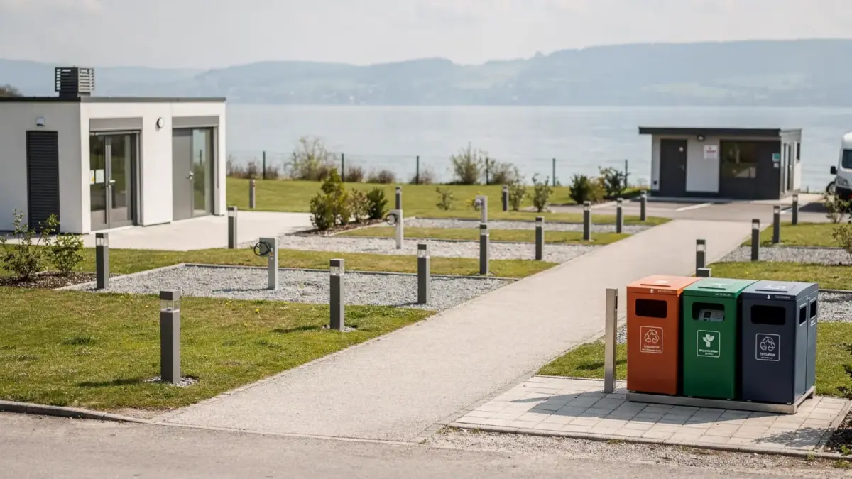Campingplatz-Ausstattung am Bodensee mit Stellplätzen, Sanitärgebäude und Mülltrennung