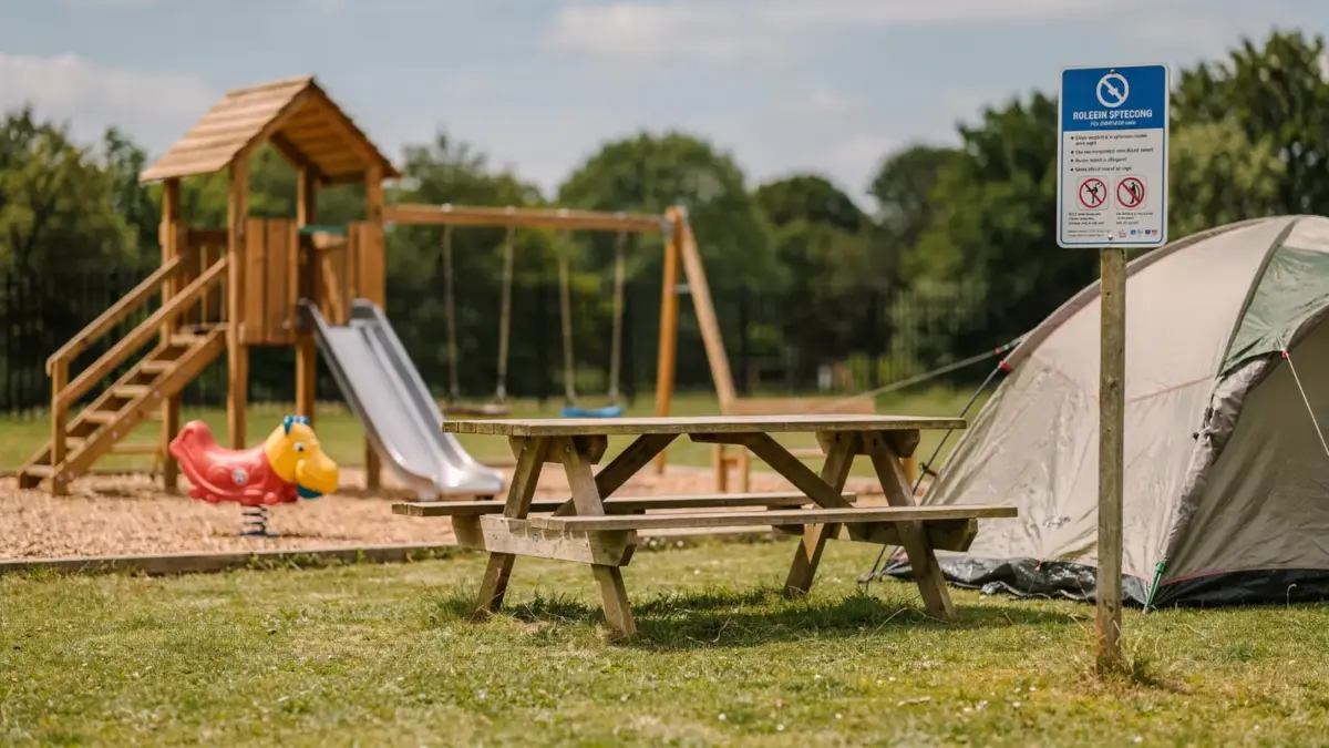 Ordentlicher Campingplatz mit Spielbereich und Zelt zu Campingplatz Kinder Regeln
