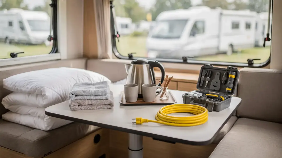Wohnmobil-Innenraum mit Komfort-Services wie Bettwäsche, Handtüchern, Kaffeezubehör und Stromkabel