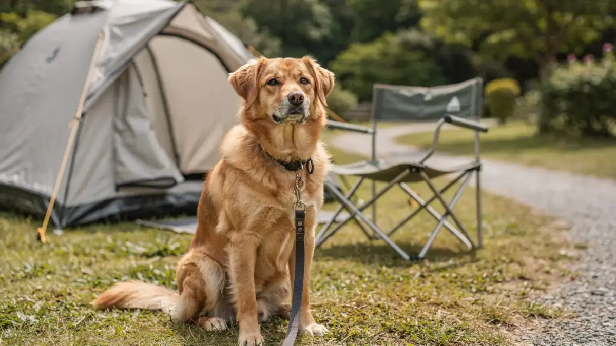 Hund an der Leine auf dem Campingplatz mit Zelt und Campingstuhl als Motiv zu Hunde-Regeln