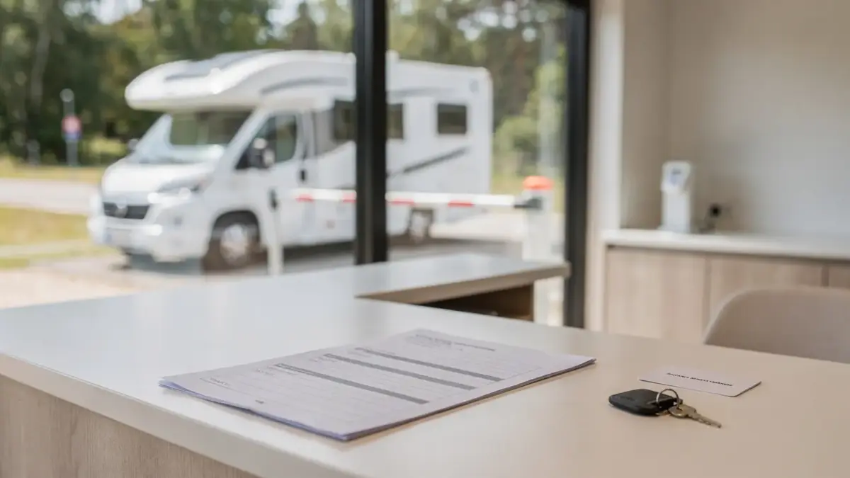 Wohnmobil vor Campingplatz-Rezeption mit Anmeldeunterlagen zum Wohnmobil-Check-in