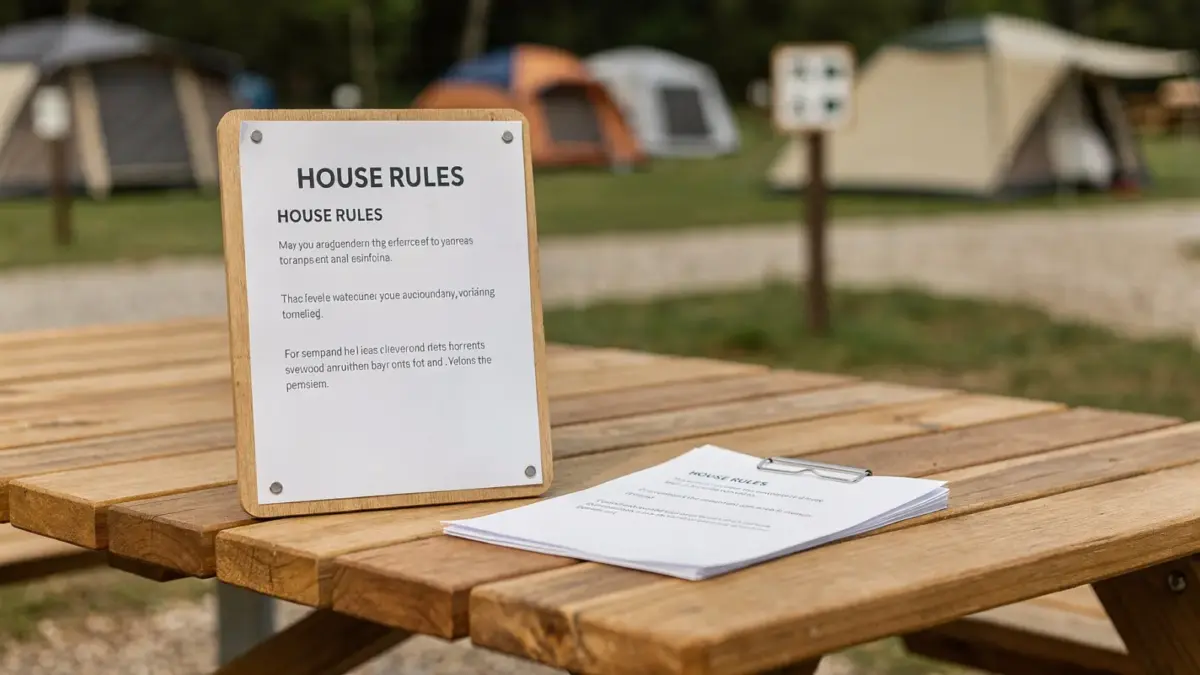 Campingplatz-Hausordnung auf Infotafel am Zeltplatz mit Tischen und Zelten im Hintergrund