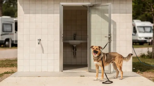 Hund im Sanitärbereich am Campingplatz vor einem sauberen Waschraum-Eingang