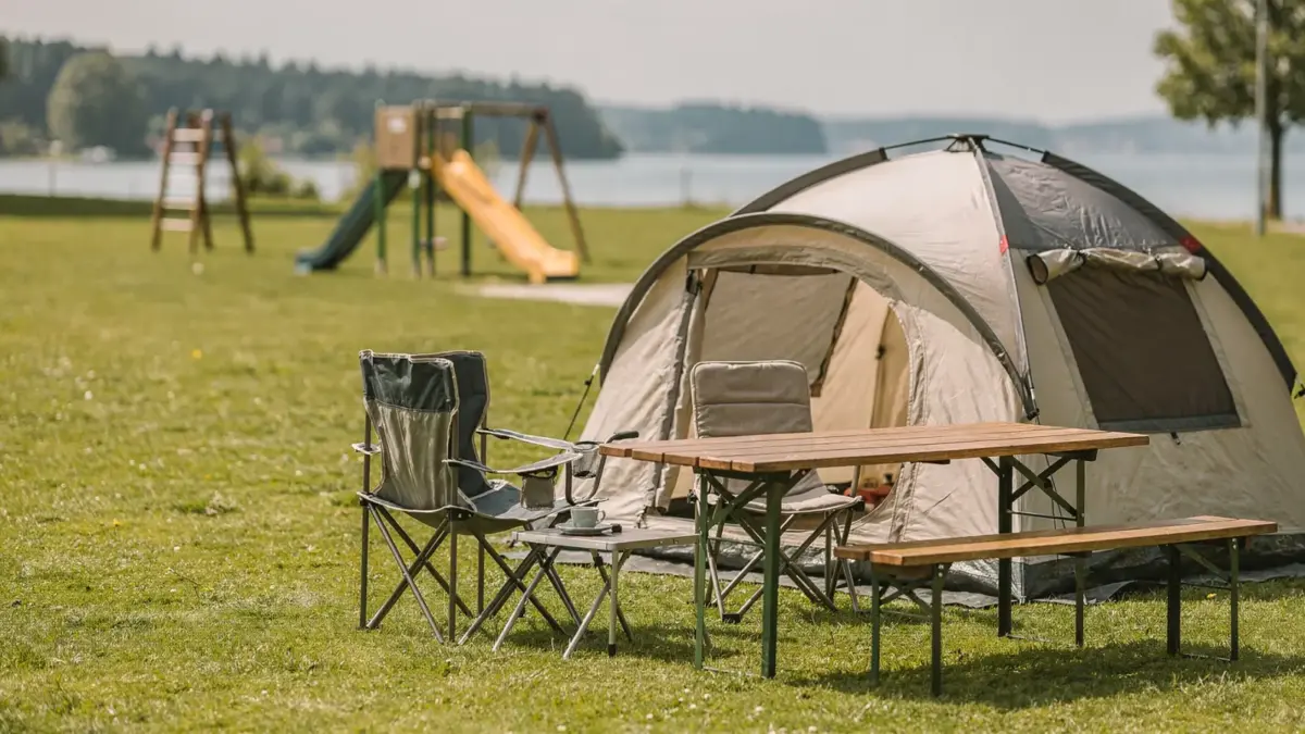 Kinderfreundlicher Campingplatz am Bodensee mit Zelt, Sitzgruppe und Spielbereich für Familien