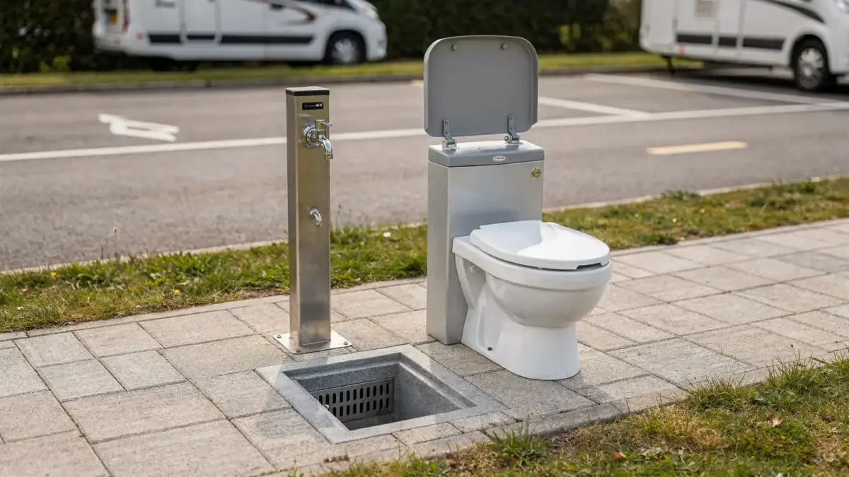 Wohnmobil-Wasserentsorgung am Entsorgungsplatz mit Frischwasser, Grauwasser und Fäkalienstation