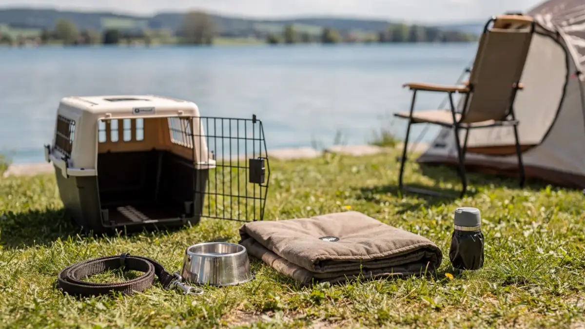 Campingplatz-Hundeausstattung am Bodensee mit Leine, Napf und Hundematte am Zelt
