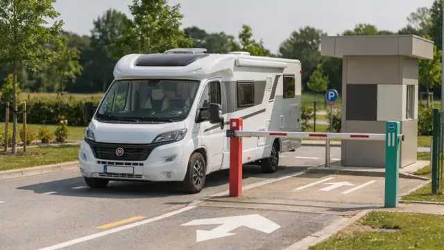 Wohnmobil fährt auf den Campingplatz ein – Thema Campingplatz-Anfahrt mit dem Wohnmobil