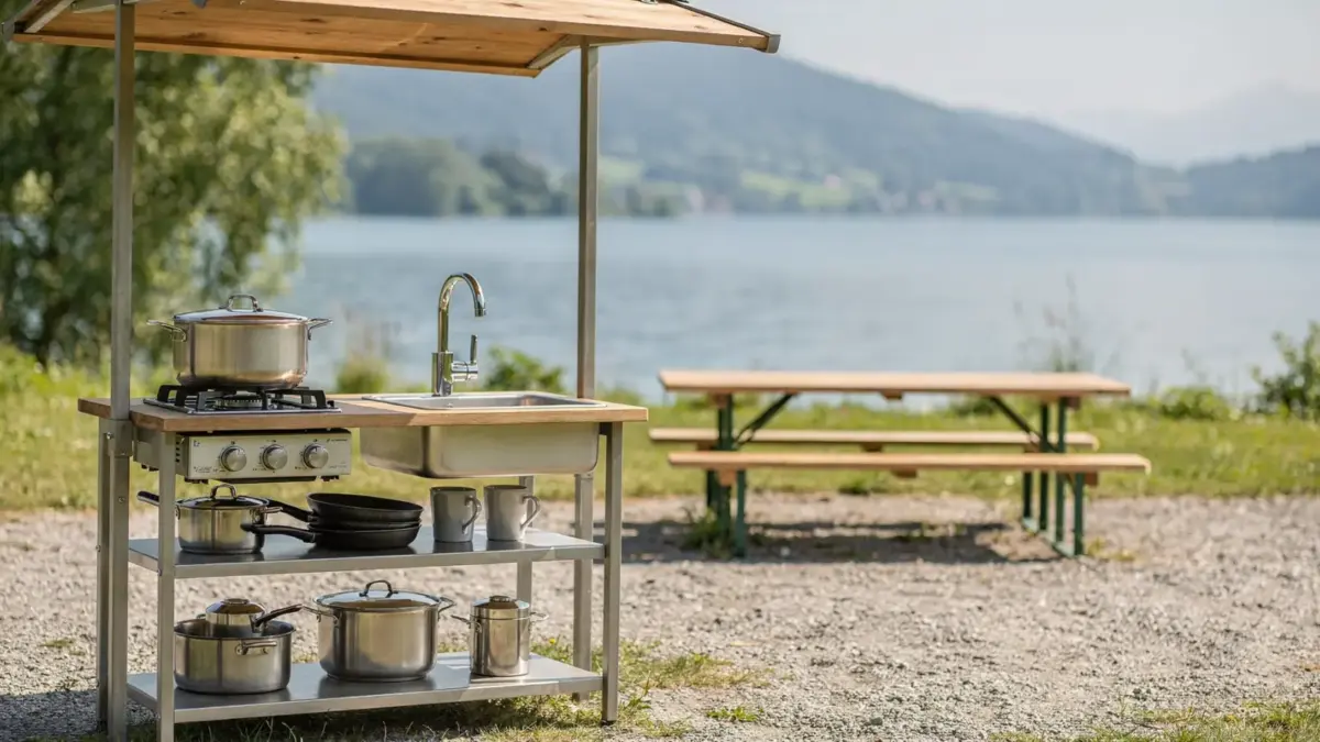 Kochbereich auf dem Zeltplatz am Bodensee mit Campingkocher, Spüle und Sitzplätzen