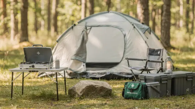Sicheres Camping mit Kindern: geordneter Zeltplatz mit Ausrüstung und Erste-Hilfe-Set